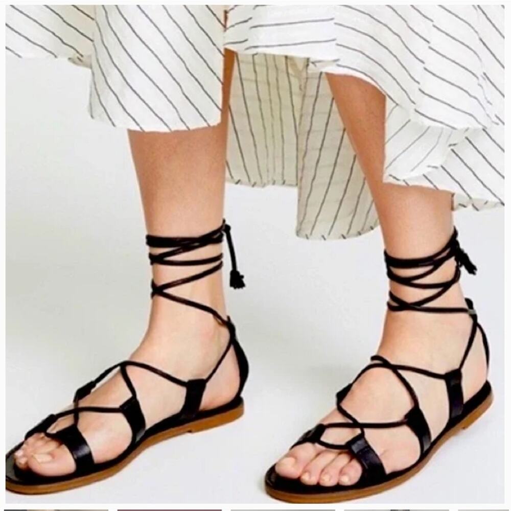 MADEWEL Black Leather Boardwalk Lace Up Gladiator Sandals Summer Minimalist 8.5
